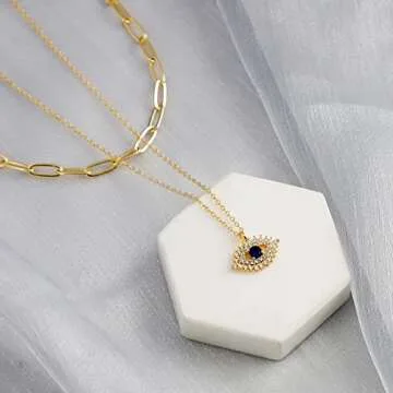 Fettero Pendant Necklace 14K Gold Plated Evil Eye Pendant Dainty Chain Necklace for Women Layering Necklaces Good Luck Jewelry Gifts