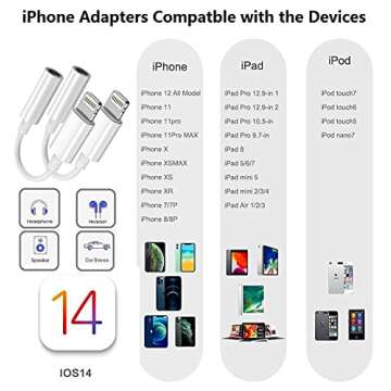 2 Pack [Apple MFi Certified] Lightning to 3.5 mm Headphone Jack Adapter, for iPhone 3.5mm Headphones/Earphones Jack Aux Audio Adapter Dongle for iPhone 14 13 12 11 XS XR X 8 7 iPad, Support All iOS