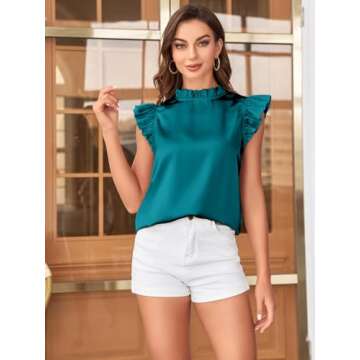 SweatyRocks Women's Elegant Mock Neck Ruffle Trim Tops Butterfly Sleeve Summer Office Blouses Teal Blue Medium