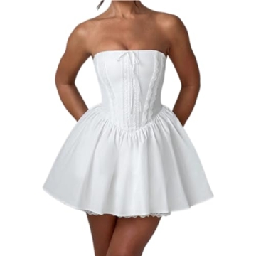 Women Summer Solid Tube Top Dress Boat Neck Sleeveless Slim Fit Mini Dress Tie Up Lace Trim Ruffle W...