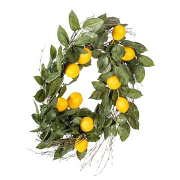 Vickerman 24" Artificial Green and Yellow Salal Mixed Wreath with 10 Beautiful Lifelike Lemons for Front Door and Home Decoration - Maintenance Free Wreath