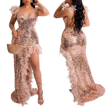 Women's Feather Spaghetti Strap Prom Dresses Sequin Mermaid V Neck Long Slit Sparkly Party Dress L B...