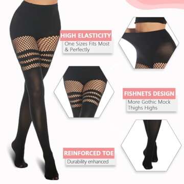 MANZI Faux Thigh High Tights Mock Suspender Pantyhose Striped Goth Fishnets Pack of 2 Striped/Grid One Size