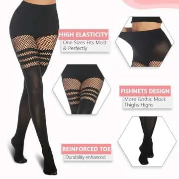 MANZI Faux Thigh High Tights Mock Suspender Pantyhose Striped Goth Fishnets Pack of 2 Striped/Grid One Size
