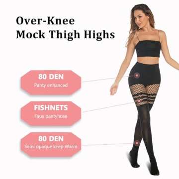 MANZI Faux Thigh High Tights Mock Suspender Pantyhose Striped Goth Fishnets Pack of 2 Striped/Grid One Size