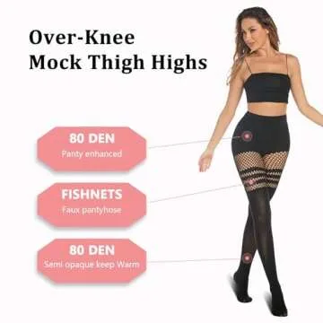 MANZI Faux Thigh High Tights Mock Suspender Pantyhose Striped Goth Fishnets Pack of 2 Striped/Grid One Size