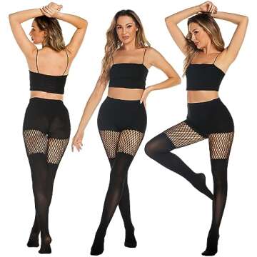 MANZI Faux Thigh High Tights Mock Suspender Pantyhose Striped Goth Fishnets Pack of 2 Striped/Grid One Size