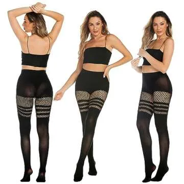 MANZI Faux Thigh High Tights Mock Suspender Pantyhose Striped Goth Fishnets Pack of 2 Striped/Grid One Size