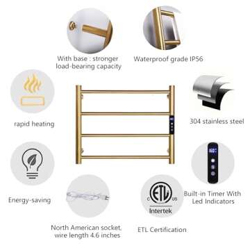 GUANGJUYUAN Heated Towel Rack Gold, 4 Bars Towel Warmer Rack for Bathroom Wall Mounted, Timer & Temperature Control Electric Towel Drying Rack (4 Bars Brushed Gold, Hardwired)