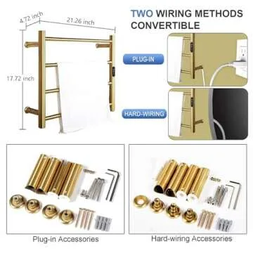 GUANGJUYUAN Heated Towel Rack Gold, 4 Bars Towel Warmer Rack for Bathroom Wall Mounted, Timer & Temperature Control Electric Towel Drying Rack (4 Bars Brushed Gold, Hardwired)