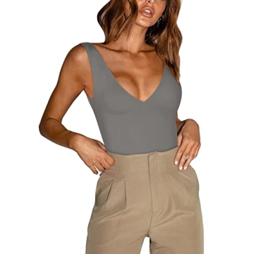 REORIA Women's Summer Sexy Plunge Deep V Neck Sleeveless Double Lined One Piece Tank Tops Thong Body...