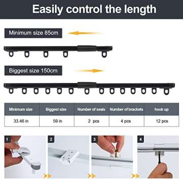 ZSTARR Retractable Ceiling Curtain Track, Measurement-Free Curtain Track 33.5''-59'',For Room Divider, Shower Curtain, Parallel bay window, RV Curtain Track (Black)