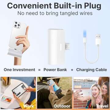 KKD Portable Charger for iPhone, Built-in MFi Certified Plug, 5000mAh Small Portable Phone Charger Power Bank for iPhone 14/13/12/11/XR/X/SE/8/7/6/6s/Pro Max/Plus,iPad,White