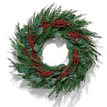 LampLust Winter Wreaths for Front Door Outside, 24 Inch Cypress & Eucalyptus Wreath with Red Berries...