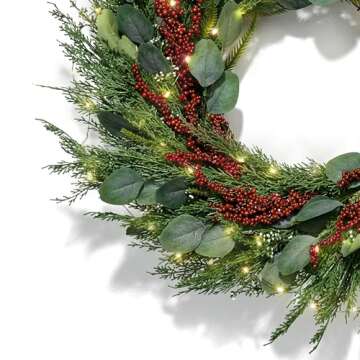 LampLust Winter Wreaths for Front Door Outside, 24 Inch Cypress & Eucalyptus Wreath with Red Berries 100 LED Lights, Timer, Battery Powered, Farmhouse Wreath Year Round, Winter Wreaths for Indoors