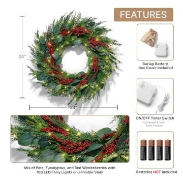 LampLust Winter Wreaths for Front Door Outside, 24 Inch Cypress & Eucalyptus Wreath with Red Berries 100 LED Lights, Timer, Battery Powered, Farmhouse Wreath Year Round, Winter Wreaths for Indoors