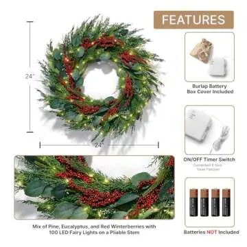 LampLust Winter Wreaths for Front Door Outside, 24 Inch Cypress & Eucalyptus Wreath with Red Berries 100 LED Lights, Timer, Battery Powered, Farmhouse Wreath Year Round, Winter Wreaths for Indoors