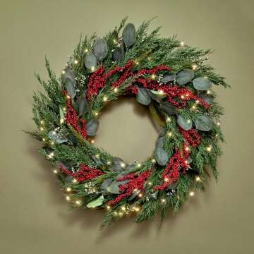 LampLust Winter Wreaths for Front Door Outside, 24 Inch Cypress & Eucalyptus Wreath with Red Berries 100 LED Lights, Timer, Battery Powered, Farmhouse Wreath Year Round, Winter Wreaths for Indoors
