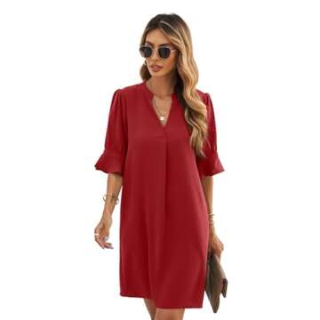 Wkior Summer Dresses for Women - Cute V Neck Loose Swing Dress - Casual Shift Dress Red XL