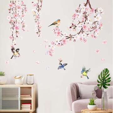 Decalmile Cherry Blossom Wall Stickers - Pink Flower & Bird Decor for Home