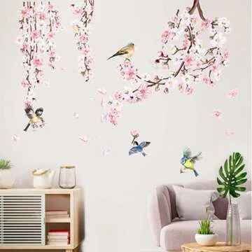Decalmile Cherry Blossom Wall Stickers - Pink Flower & Bird Decor for Home