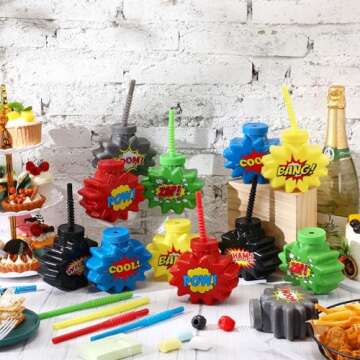 Maxcheck Hero Comic Themed Party Favor Gift Supplies Hero Cups with Straws and Lids,10 oz Plastic Cup for Pow Zap Bang Wham Boom Bulk Birthday Party Favor Supplies(12 Sets)