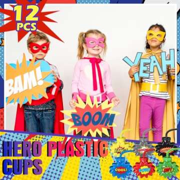 Maxcheck Hero Comic Themed Party Favor Gift Supplies Hero Cups with Straws and Lids,10 oz Plastic Cup for Pow Zap Bang Wham Boom Bulk Birthday Party Favor Supplies(12 Sets)