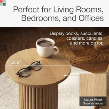 Round Fluted Drink Table - Modern Home, Bedroom, and Living Room Desk Furniture - Small Wooden Round End Table with a Solid Base and Wood Veneer Top (Natural Oak Finish)