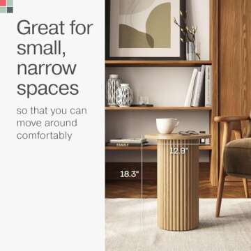 Round Fluted Drink Table - Modern Home, Bedroom, and Living Room Desk Furniture - Small Wooden Round End Table with a Solid Base and Wood Veneer Top (Natural Oak Finish)