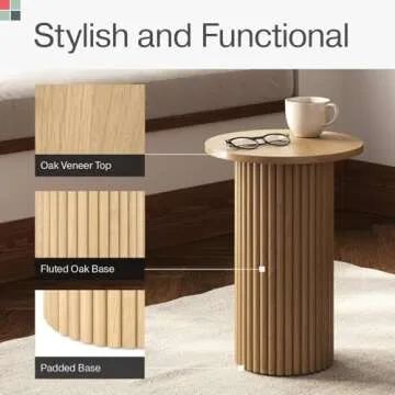 Round Fluted Drink Table - Modern Home, Bedroom, and Living Room Desk Furniture - Small Wooden Round End Table with a Solid Base and Wood Veneer Top (Natural Oak Finish)
