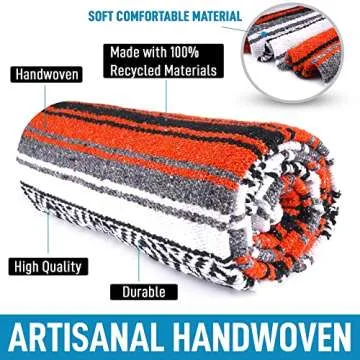 Authentic Extra Large Mexican Blanket (70"x50") - Handwoven Yoga Blanket, Serape Blanket - Artisanal Falsa Blanket, Beach Blanket, Camping Blanket, Picnic Blanket, Outdoor Blanket (Orange)