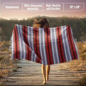 Authentic Extra Large Mexican Blanket (70"x50") - Handwoven Yoga Blanket, Serape Blanket - Artisanal Falsa Blanket, Beach Blanket, Camping Blanket, Picnic Blanket, Outdoor Blanket (Orange)