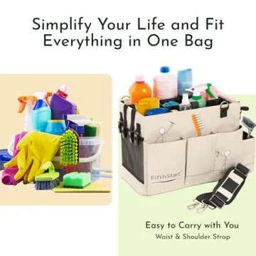 FifthStart Multiuse Cleaning Caddy with Waist & Shoulder Strap - Diaper Caddy - 9 Pockets & Easily Cleaned - Easy Clean Beach bag with Mesh Base & Adjustable Compartments (Beige, Small)