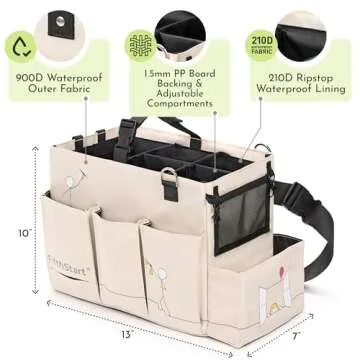 FifthStart Multiuse Cleaning Caddy with Waist & Shoulder Strap - Diaper Caddy - 9 Pockets & Easily Cleaned - Easy Clean Beach bag with Mesh Base & Adjustable Compartments (Beige, Small)