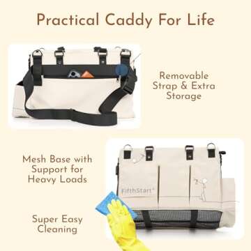 FifthStart Multiuse Cleaning Caddy with Waist & Shoulder Strap - Diaper Caddy - 9 Pockets & Easily Cleaned - Easy Clean Beach bag with Mesh Base & Adjustable Compartments (Beige, Small)