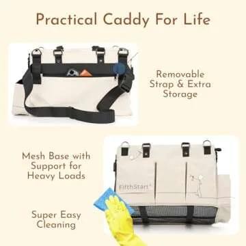 FifthStart Multiuse Cleaning Caddy with Waist & Shoulder Strap - Diaper Caddy - 9 Pockets & Easily Cleaned - Easy Clean Beach bag with Mesh Base & Adjustable Compartments (Beige, Small)