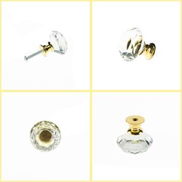 YourGift 12 Pack Drawer Knobs Diamond Shaped Crystal Glass 30mm Cabinet Knobs Pull Handles (Gold)