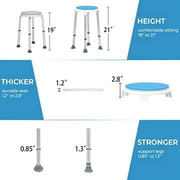 KSITEX Shower Stool for Inside Shower Swivel Shower Chairs for Seniors Adjustable Round Shower Seat Bath Chair Tool-Free Assembly 5 Adjustable Heights from 19''-21'' Load 350LB