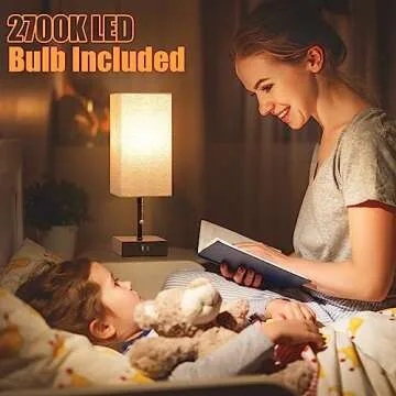 GGOYING Bedside Table Lamp, Pull Chain Table Lamp with USB C+A Charging Ports, 2700K LED Bulb, Fabric Linen Lampshade, Nightstand Lamp for Livingroom Bedroom Office Reading Working