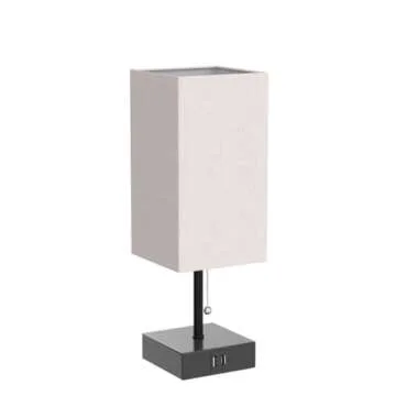 GGOYING Bedside Table Lamp, Pull Chain Table Lamp with USB C+A Charging Ports, 2700K LED Bulb, Fabric Linen Lampshade, Nightstand Lamp for Livingroom Bedroom Office Reading Working