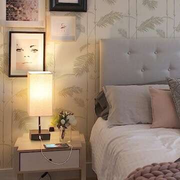 GGOYING Bedside Table Lamp, Pull Chain Table Lamp with USB C+A Charging Ports, 2700K LED Bulb, Fabric Linen Lampshade, Nightstand Lamp for Livingroom Bedroom Office Reading Working