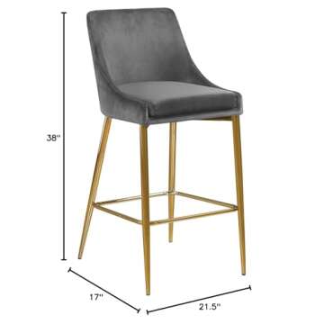 Meridian Furniture Karina Collection Modern | Contemporary Velvet Upholstered Counter Stool with Polished Gold Metal Legs and Foot Rest, Set of 2, Grey