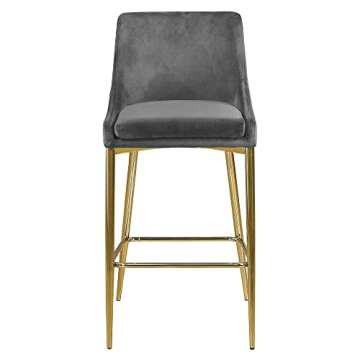 Meridian Furniture Karina Collection Modern | Contemporary Velvet Upholstered Counter Stool with Polished Gold Metal Legs and Foot Rest, Set of 2, Grey