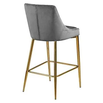 Meridian Furniture Karina Collection Modern | Contemporary Velvet Upholstered Counter Stool with Polished Gold Metal Legs and Foot Rest, Set of 2, Grey