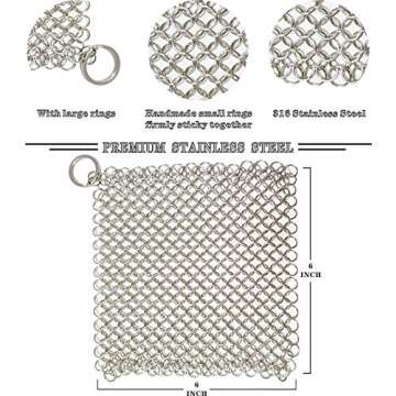 BabriInta Cast Iron Scrubber - 6 Inch Stainless Steel Chain mail Scrubber for Cast Iron Pans, Cast Iron Cleaner Chainmail Scrubber for Skillet, Wok, Pot, Dutch Ovens