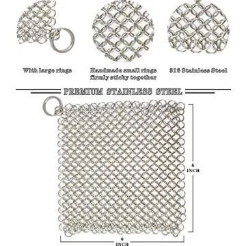 BabriInta Cast Iron Scrubber - 6 Inch Stainless Steel Chain mail Scrubber for Cast Iron Pans, Cast Iron Cleaner Chainmail Scrubber for Skillet, Wok, Pot, Dutch Ovens