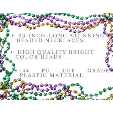 Oojami 144 PCS Mardi Gras Beads Green Purple Gold Metallic Beads Necklaces Accessories BulkCarnival Beads Necklace for Parade Throws Party Decorations Supplies Favors