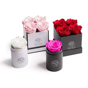 Soho Floral Arts | Roses in A Box | Genuine Roses that Last for Years (White Square 4ct, Red) | Mothers Day Gifts
