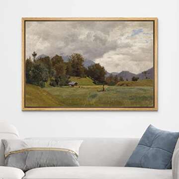 wall26 Framed Canvas Print Wall Art Retro Countryside Village Forest Field Nature Wilderness Illustr...