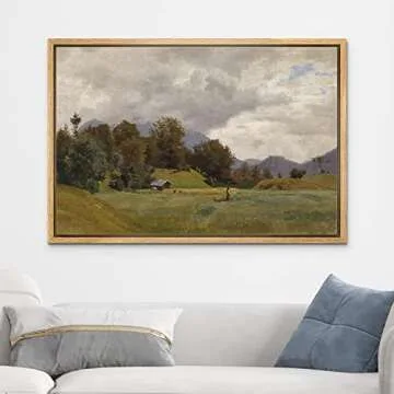 wall26 Framed Canvas Print Wall Art Retro Countryside Village Forest Field Nature Wilderness Illustr...